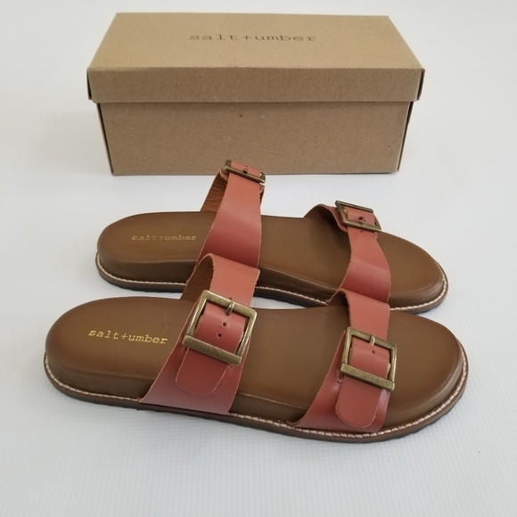 Salt + Umber Enid Two Band Buckle Leather Sandal 10 - Picture 1 of 12